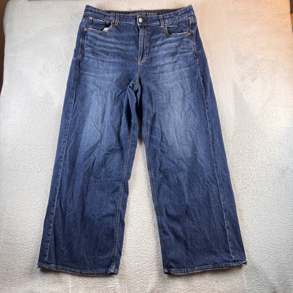 American Eagle Super High Rise Baggy Wide Leg Jeans Blue Denim 16 Long Long
